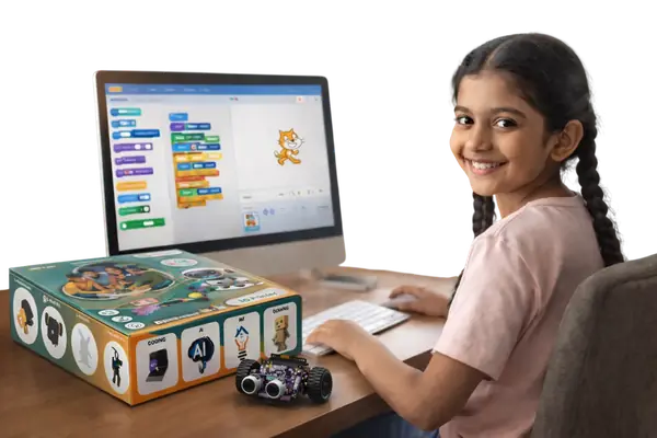 A girl learning robotics and coding with a TechyGuide kit